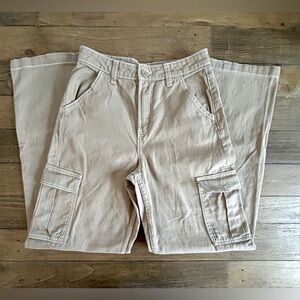 H&M Tan Wide Leg Cargo Carpenter Pants 
Distressed Hem Y2K